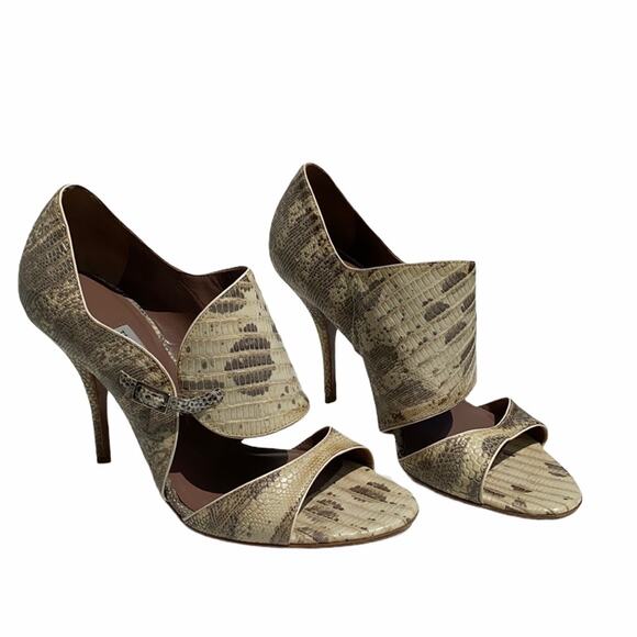 Tabitha Simmons Women's Taupe Leather Ring Lizard Embossed Cuff Bootie Sandal 37 - Picture 1 of 12